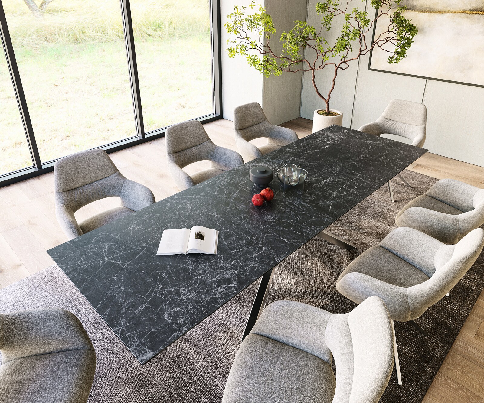 Esstisch Edge 300x100cm Keramik Laminam®Nero Greco Anthrazit Kreuzgestell Rechteck Edelstahl 3