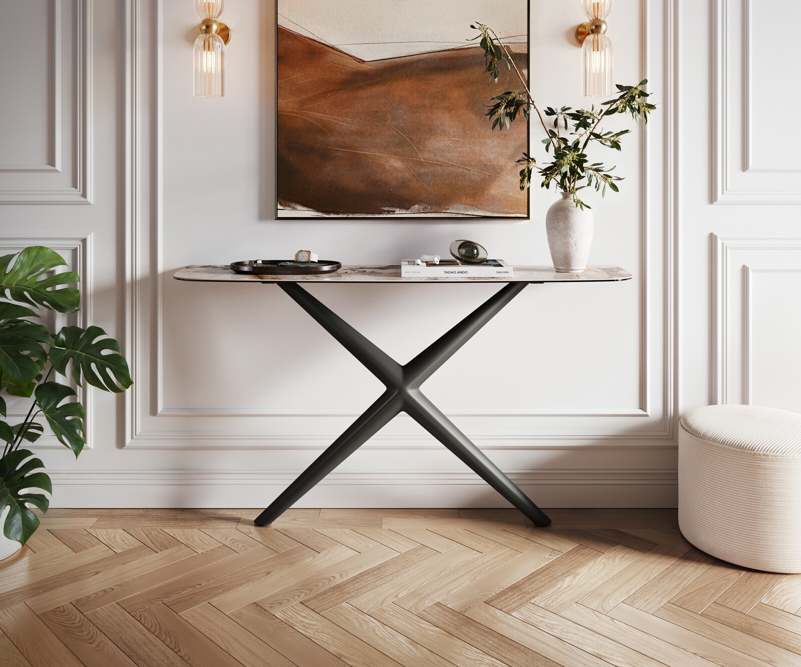 Console Edge forme bateau 140x40 cm Céramique Patagonia Poliert Estelo Métal Noir 1