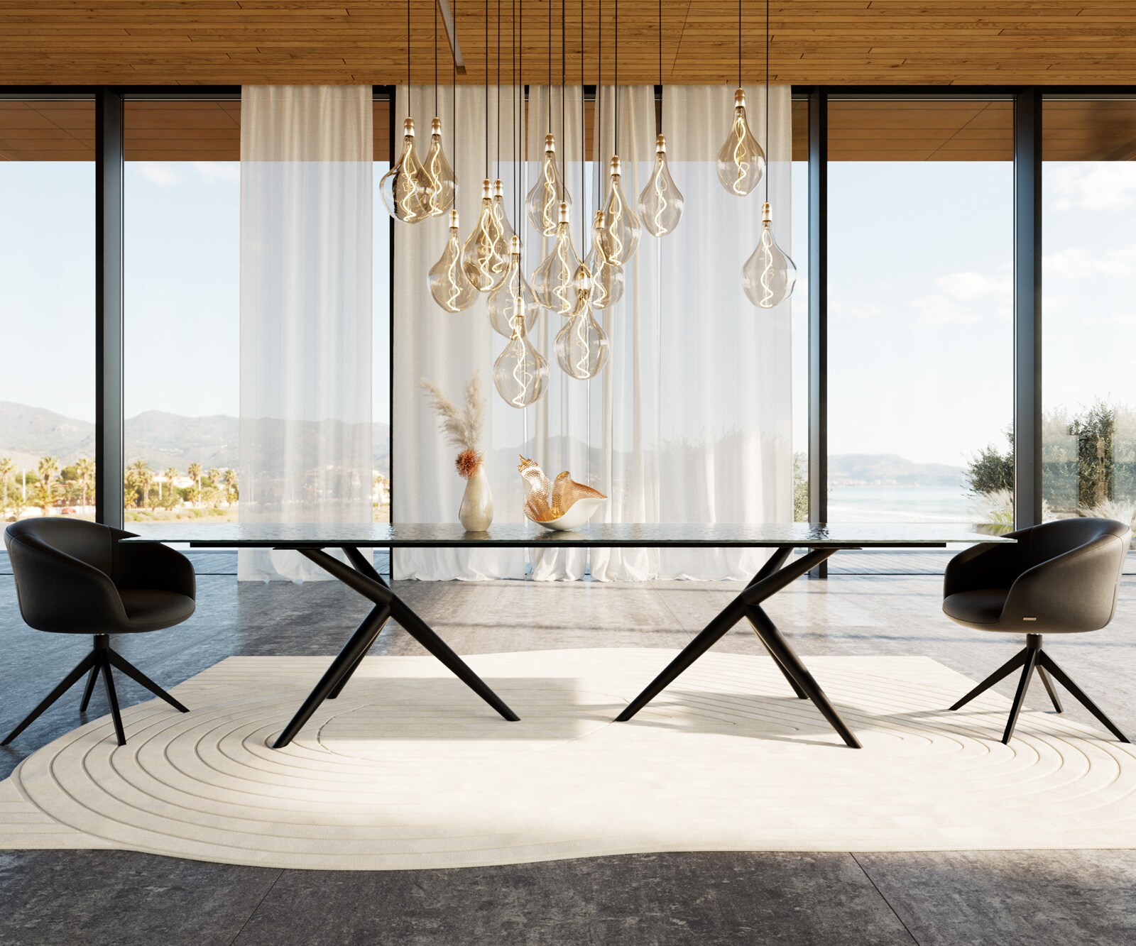 Esstisch Edge 300x100 Reliefglas Rauchschwarz 3D-Design Estelar rund Metall Schwarz 2