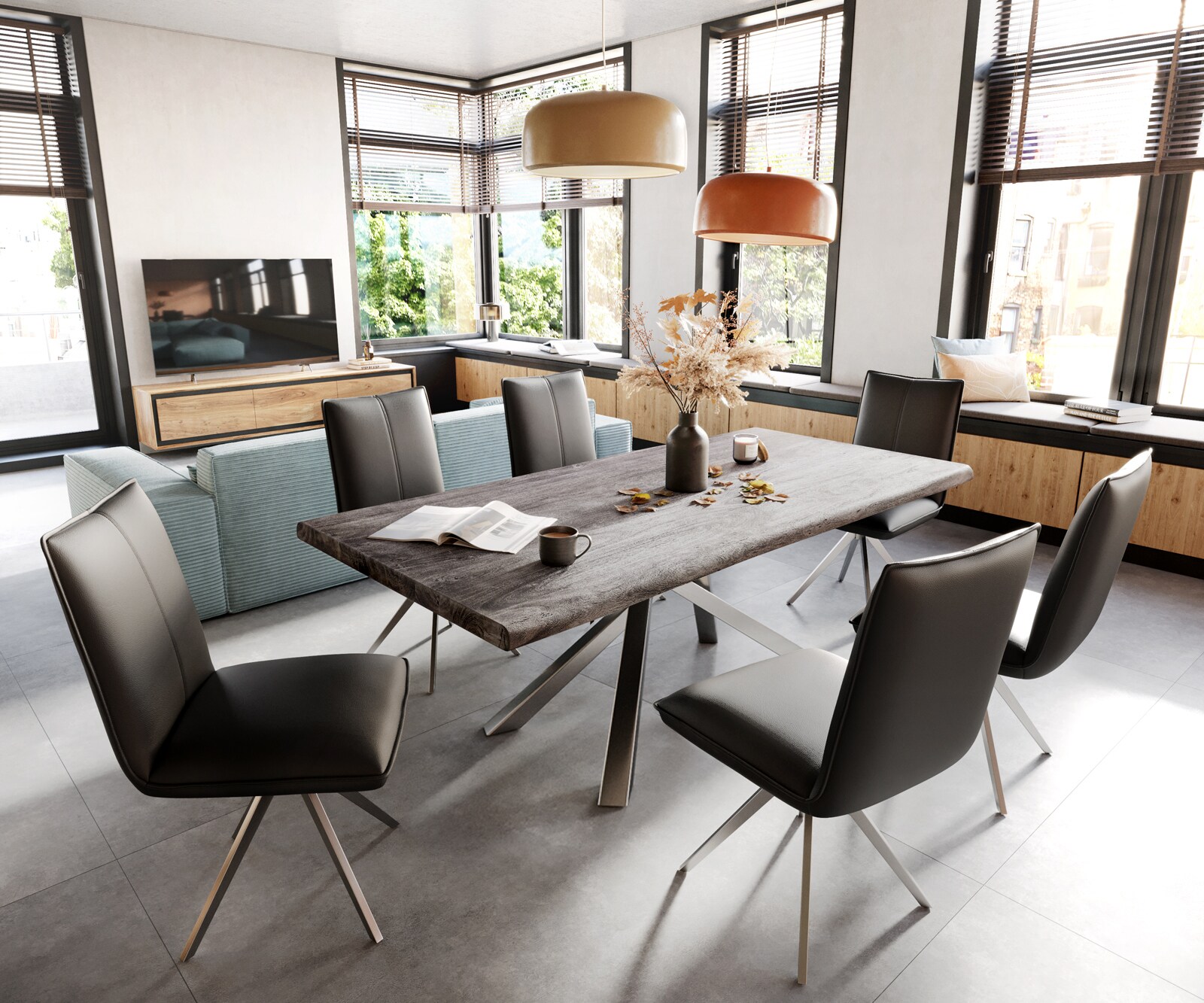 Table Edge 200x100 XL acacia platine cadre croisé rectangle inox Live-Edge 5