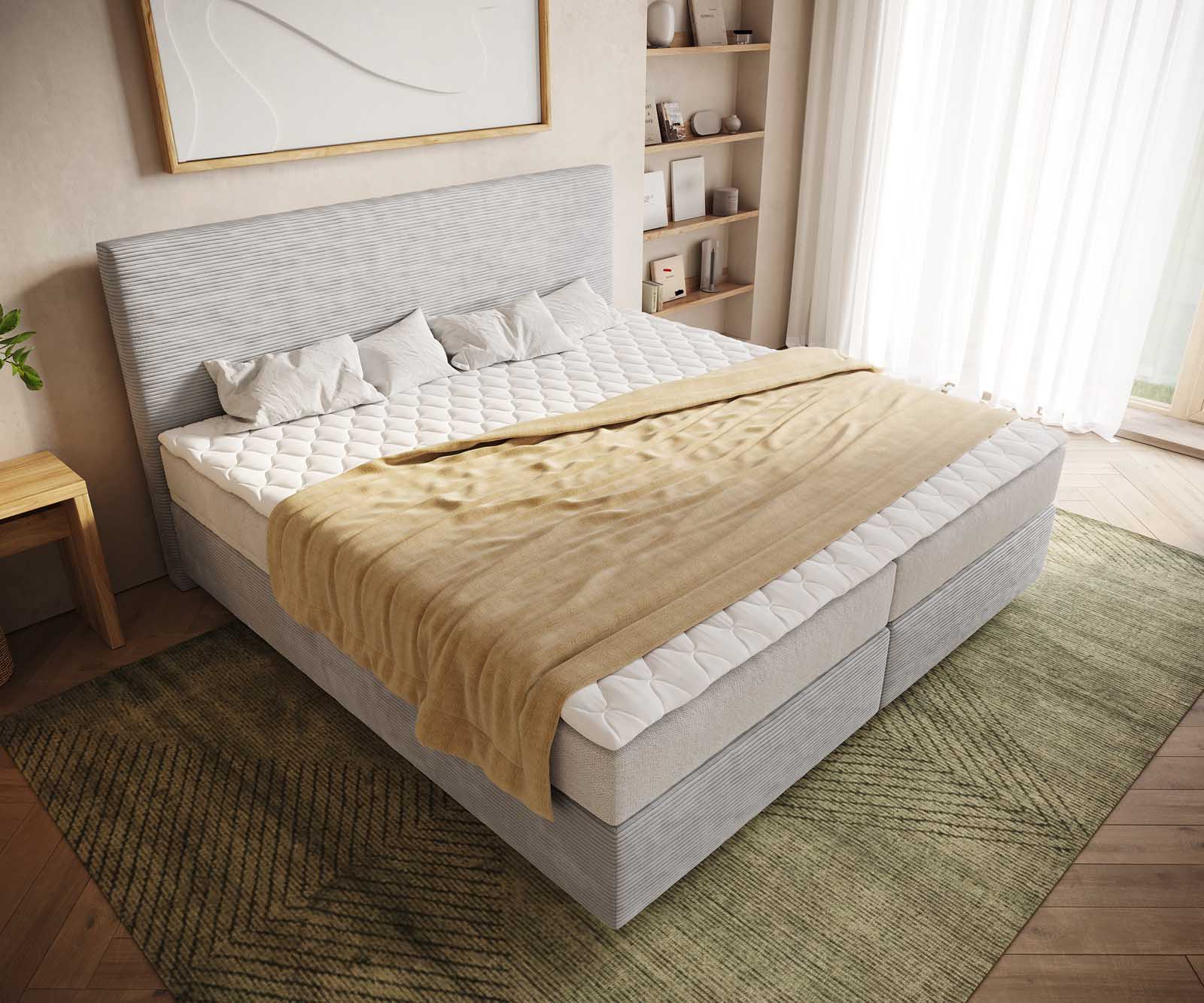 Boxspringbett Dream-Well Cord Silbergrau 200x200 cm mit Taschenfederkernmatratze und Topper Visco 3 Boxspringbett Dream-Well Cord Silbergrau 200x200 cm mit Taschenfederkernmatratze und Topper Visco 3