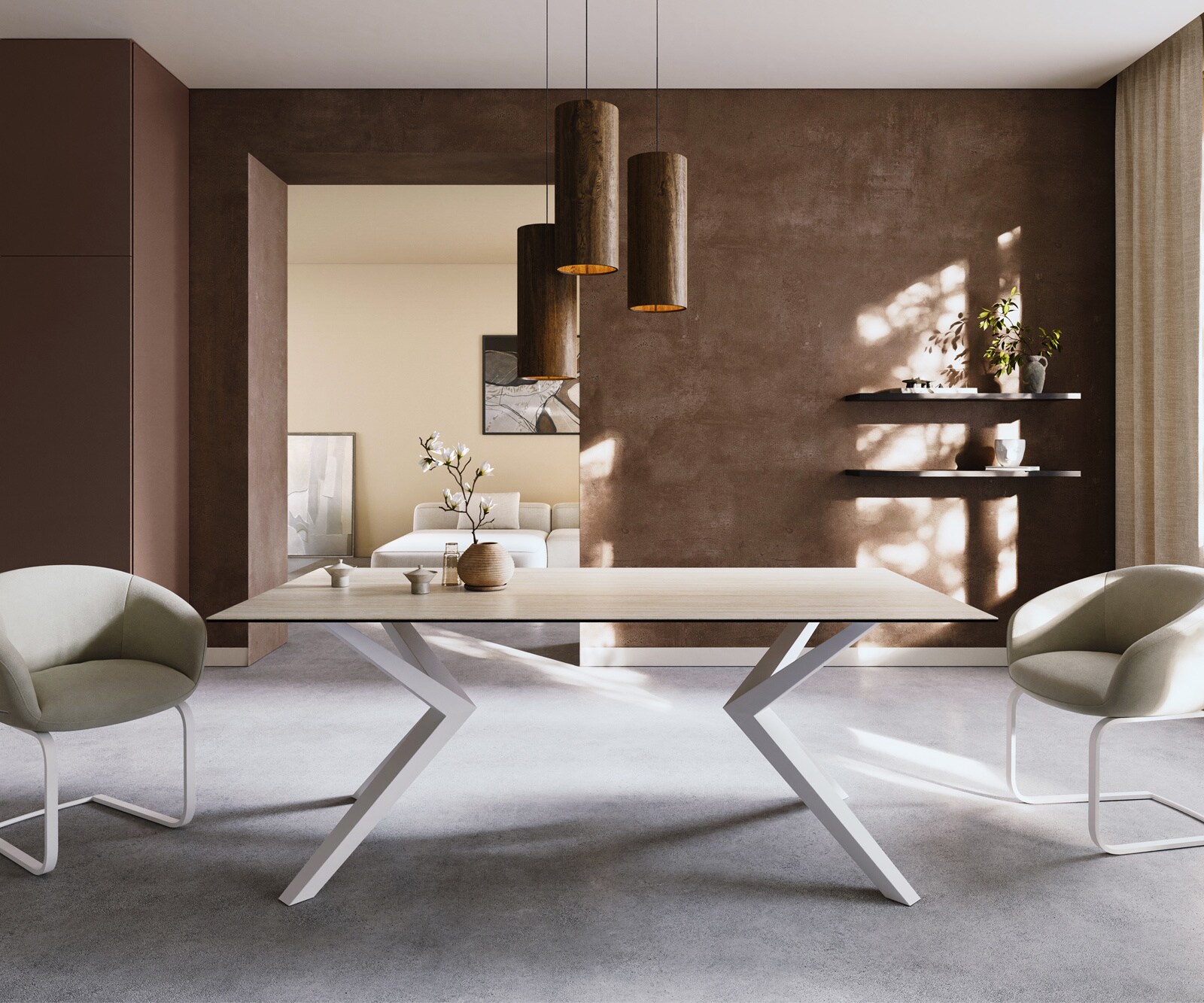 Table à manger Edge 200x100 céramique Laminam® Travertino Bianco crème-blanc Zenthara Angulaire métal blanc