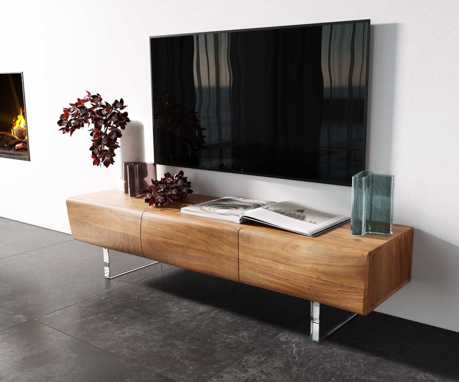 Meuble - TV New Live-Edge 145 cm acacia naturel 3 portes pied acrylique Meuble - TV New Live-Edge 145 cm acacia naturel 3 portes pied acrylique
