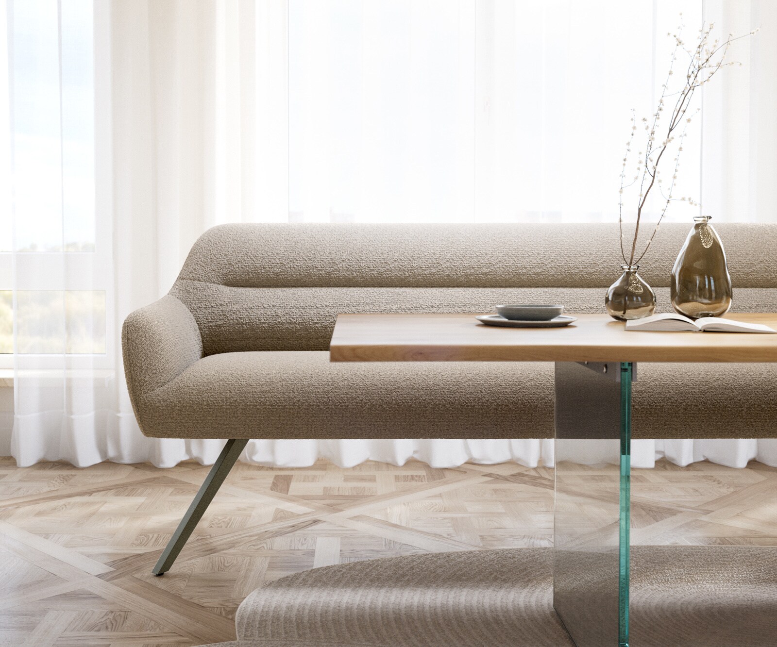 Esszimmerbank Taya-Flex 200 cm Bouclé Schlamm Kreuzgestell kantig Effektfinish Titan Taschenfederkern 1