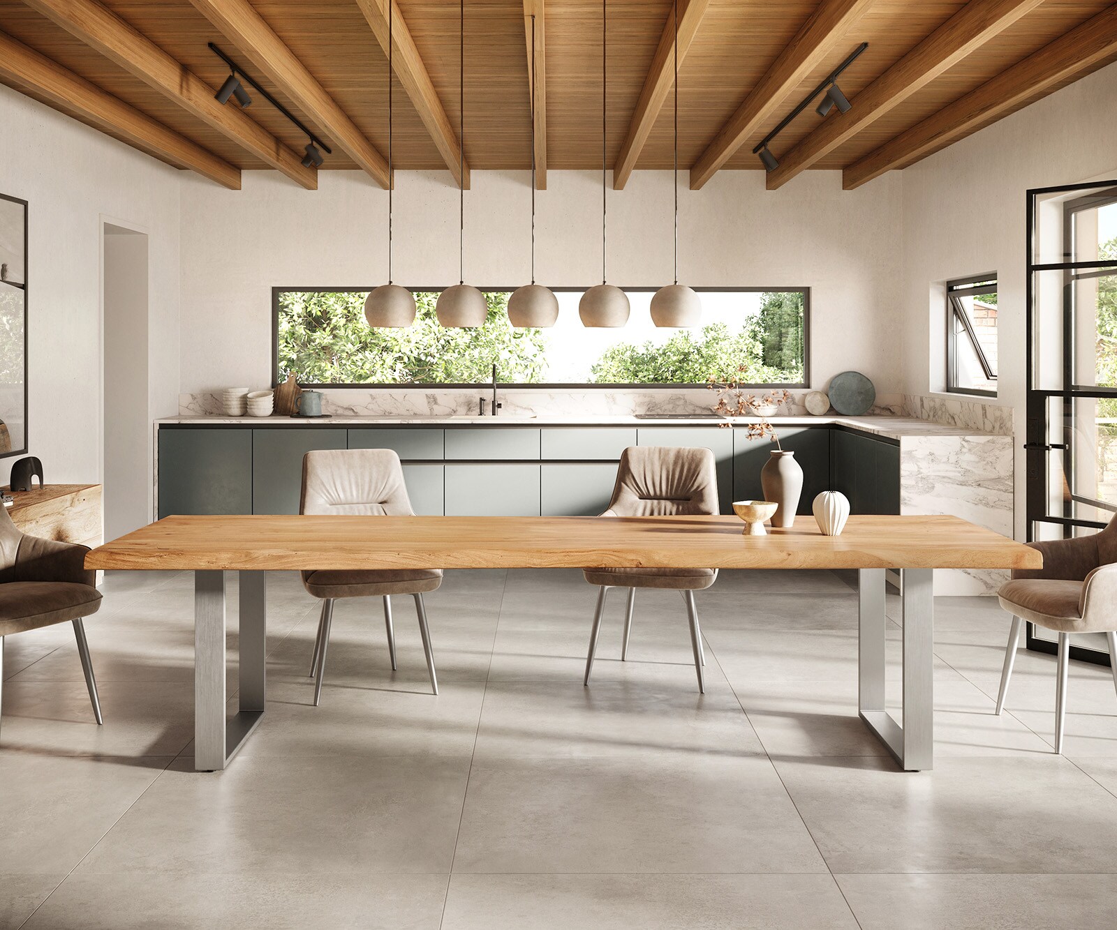 Table-à-manger Edge 300x100 XL acacia nature acier inoxydable mince Live-Edge 1