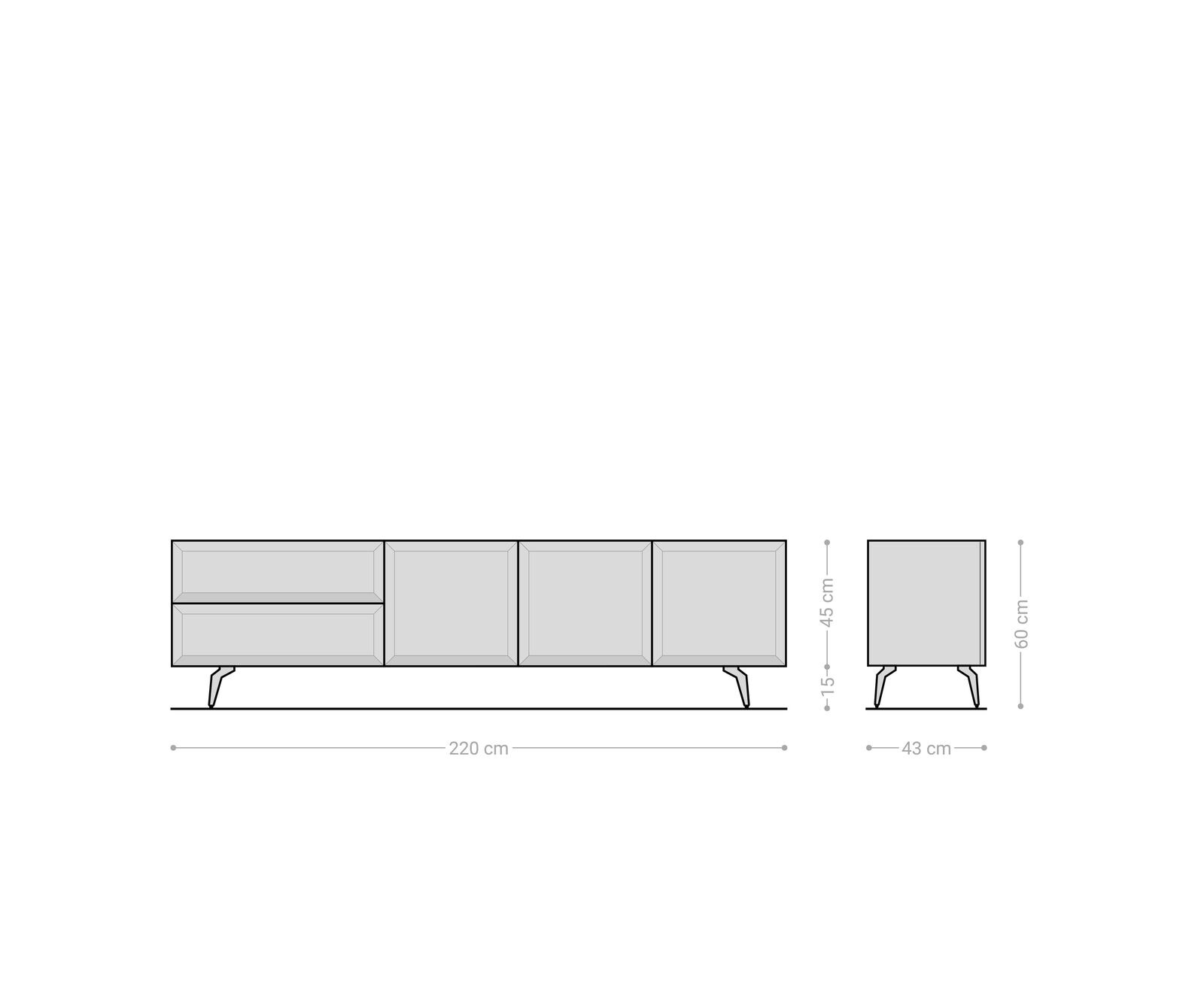 Lowboard Marellia 220 cm Grau 3 Türen 2 Schubfächer Winkelfuß Edelstahl 6 Lowboard Marellia 220 cm Grau 3 Türen 2 Schubfächer Winkelfuß Edelstahl 6