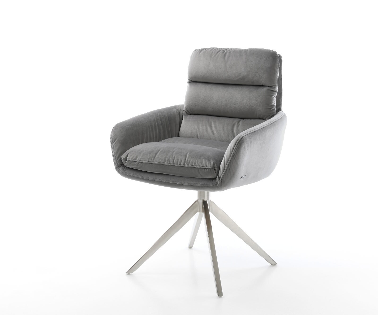 Drehstuhl Abelia-Flex mit Armlehnen Samt Grau Kreuzgestell breit Edelstahl 360° drehbar Wippfunktion