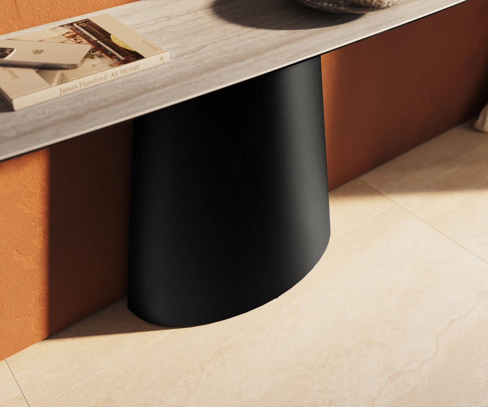 Console Edge forme bateau 180x40 cm Céramique Laminam® Travertino Bianco Creme-Weiß Conos Métal Noir 5