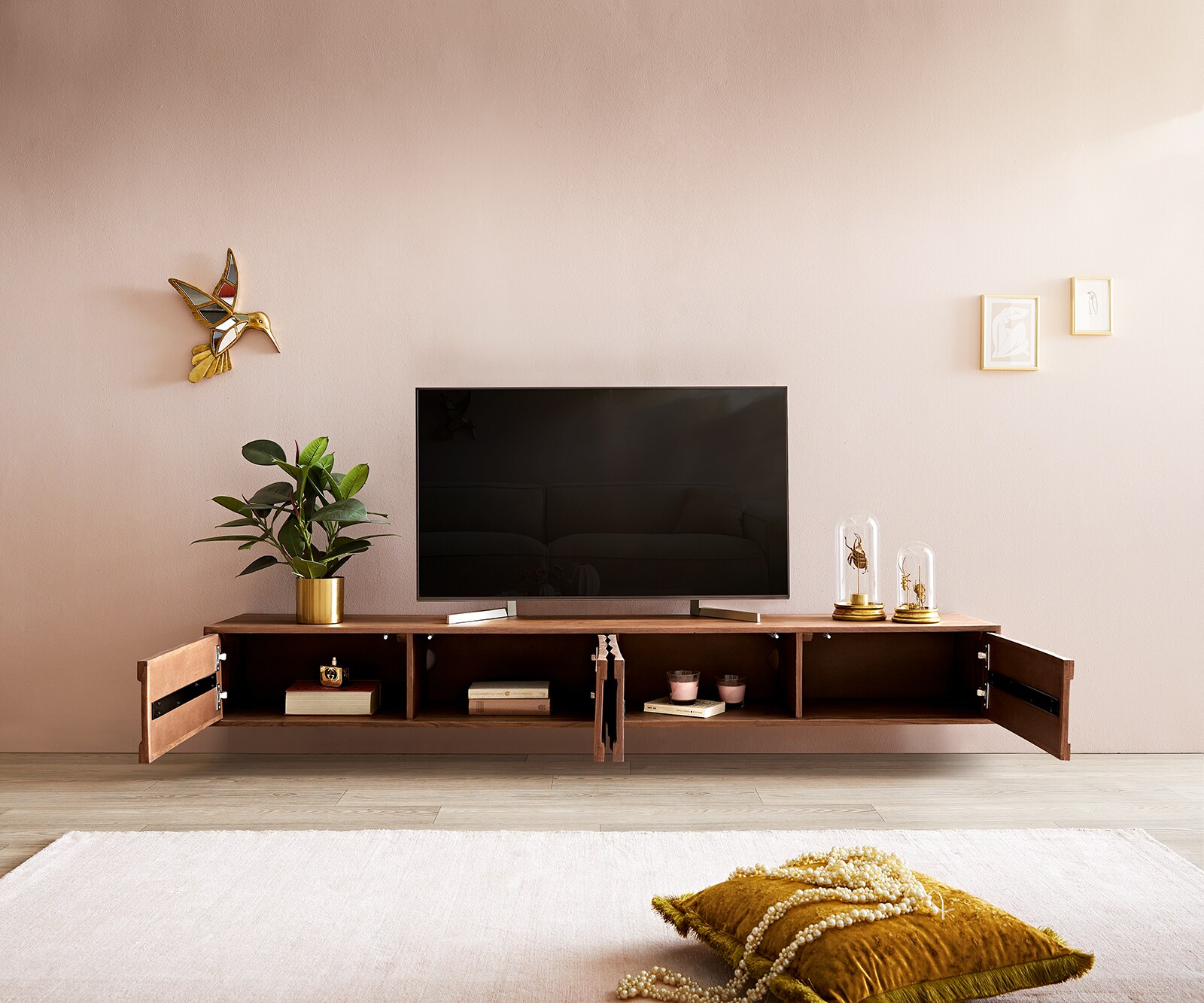 Buffet bas Fevo 200 cm acacia marron 4 portes flottant 3