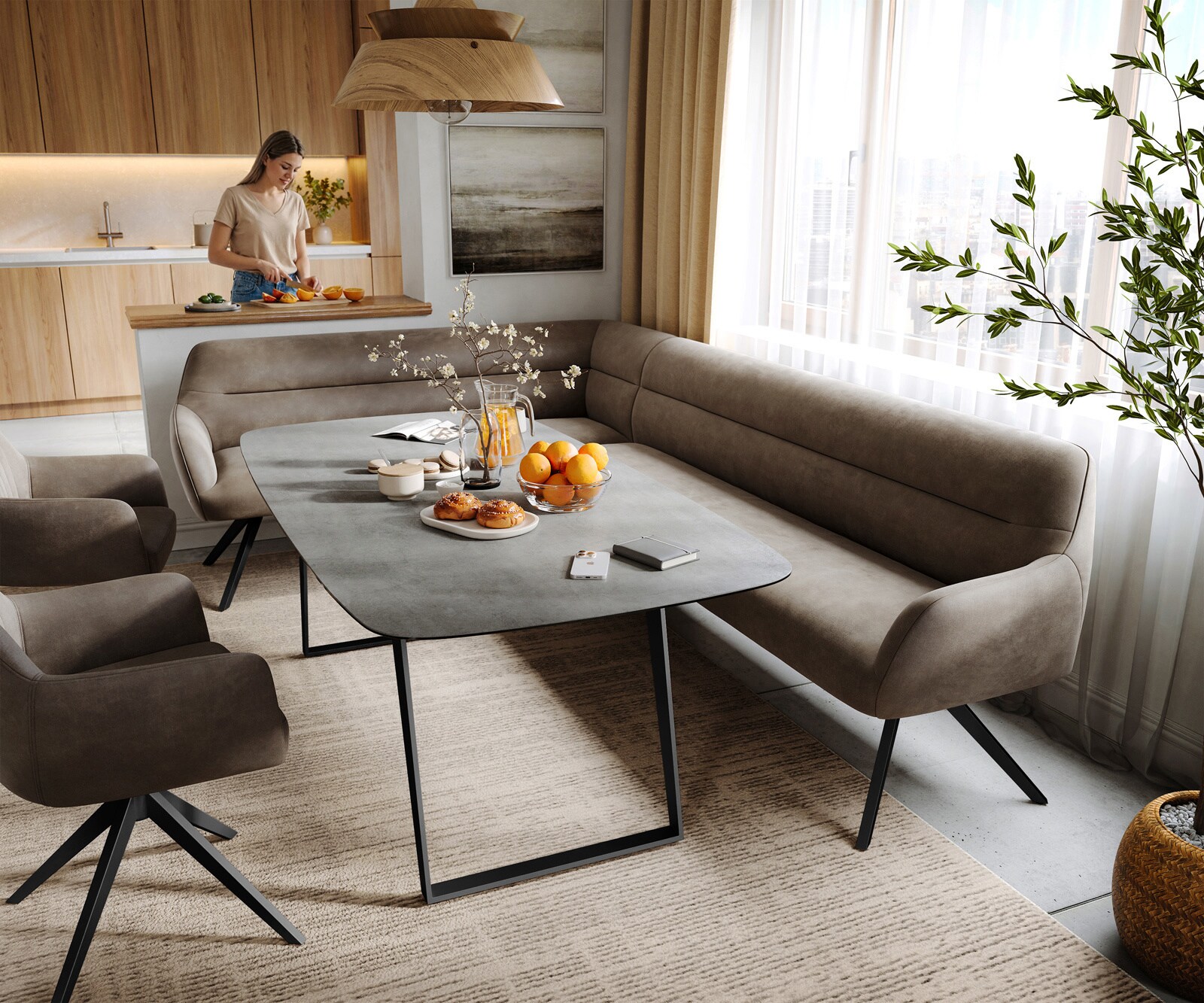 Esszimmerbank Taya-Flex 285x190 cm Mikrofaser Taupe Vintage Kreuzgestell kantig Schwarz Taschenfederkern Rechts