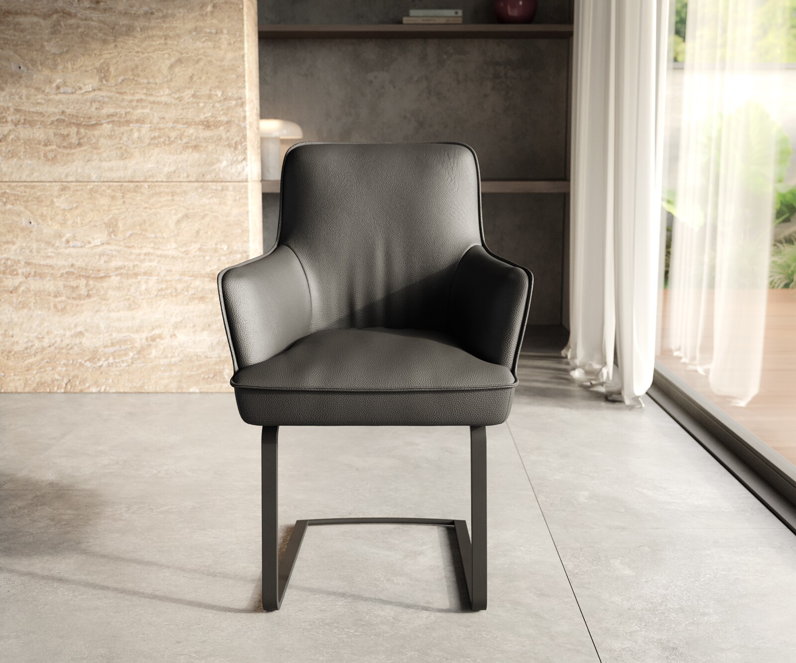 Cantilever Heira-Flex avec accoudoirs cuir de vache noir pied cantilever plat noir ressorts ensachés 6
