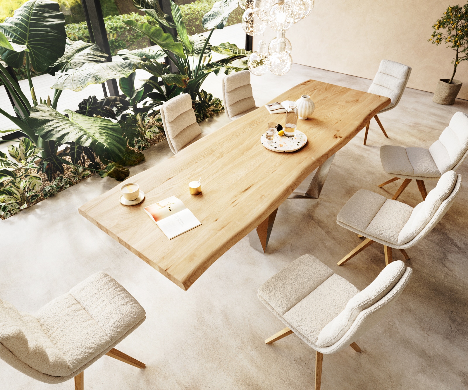 Esstisch Edge 300x100 Eiche Natur Spider Flachstahl Edelstahl Live-Edge 2