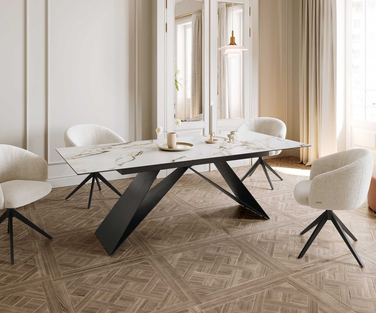 Esstisch Edge 180-220x100 Keramik Calacatta Luxe Weiß-Gold-Grau V-Gestell Flachstahl Schwarz ausziehbar 8
