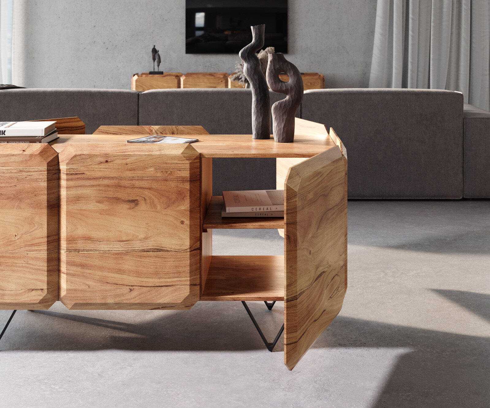 Buffet Kiano 145 cm Acacia Nature 3 Portes Pied en V Noir Séparateur de pièce 6