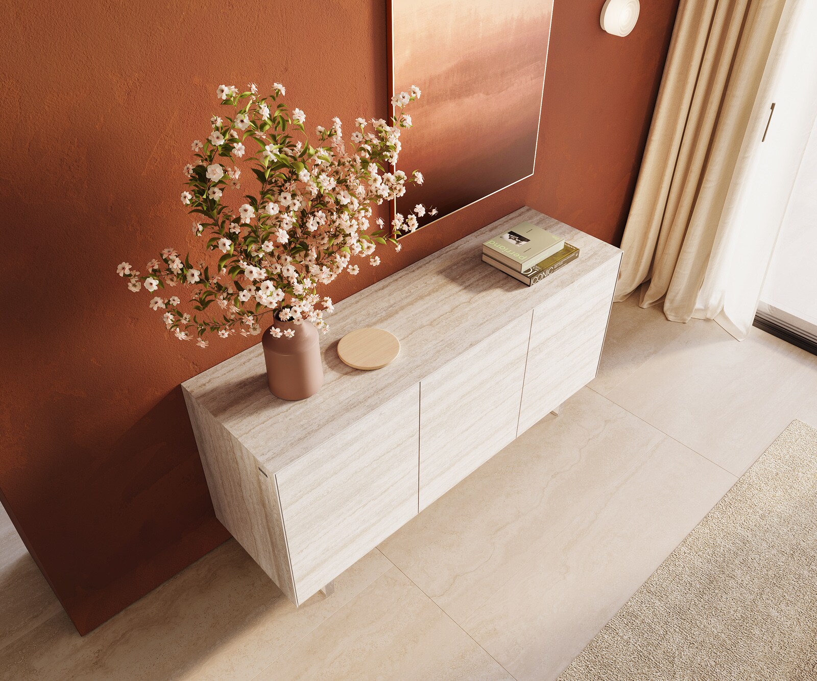 Sideboard Cuor 150 cm Keramik Laminam® Travertino Bianco Creme-Weiß 3 Türen Fuß Schwebeoptik Acrylglas 3