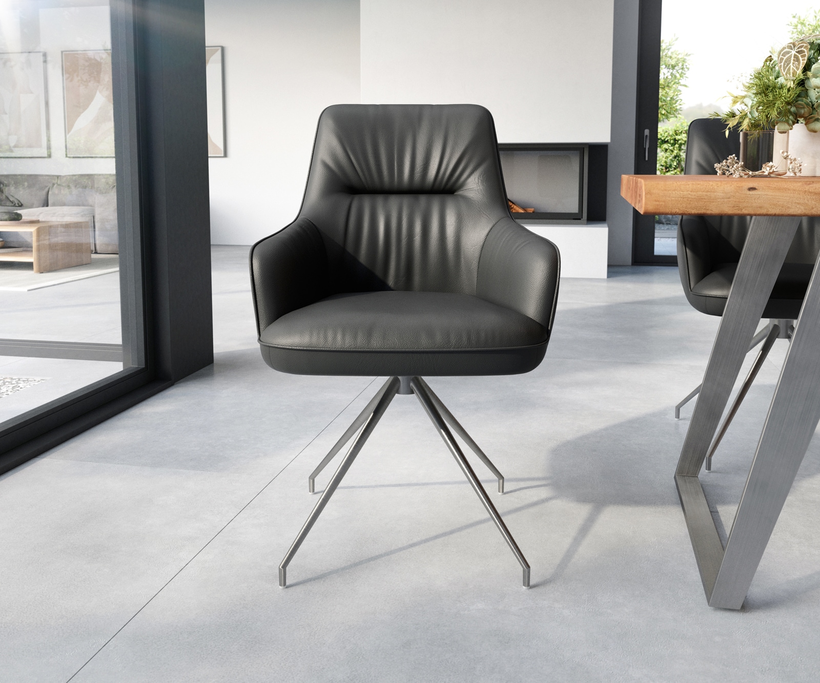 Esszimmerstuhl Zelia-Flex mit Armlehnen Echt-Leder Schwarz Kreuzgestell konisch Edelstahl Taschenfederkern 1 Esszimmerstuhl Zelia-Flex mit Armlehnen Echt-Leder Schwarz Kreuzgestell konisch Edelstahl Taschenfederkern 1