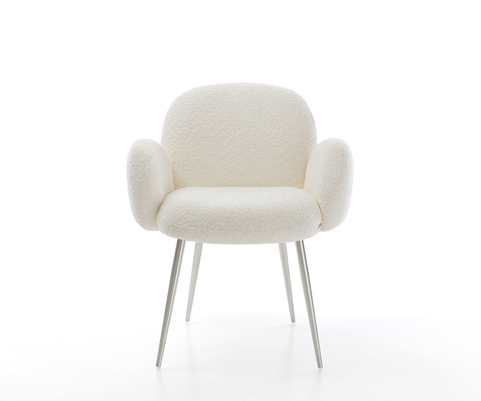 Chaise-de-salle-à-manger Nube-Flex avec accoudoirs bouclé blanc 4 pieds coniques acier inoxydable brossé ressorts ensachés 1 Chaise-de-salle-à-manger Nube-Flex avec accoudoirs bouclé blanc 4 pieds coniques acier inoxydable brossé ressorts ensachés 1