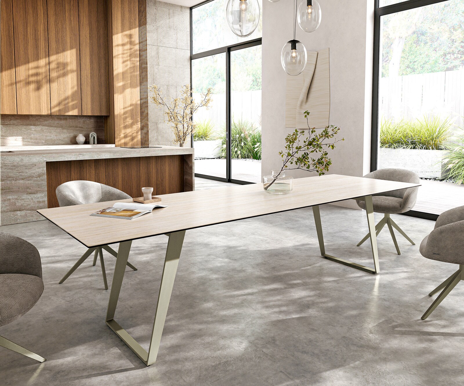 Table à manger Edge 300x100 cm Céramique Laminam®Travertino Bianco Creme-Blanc Métal Oblique Finition effet Titan