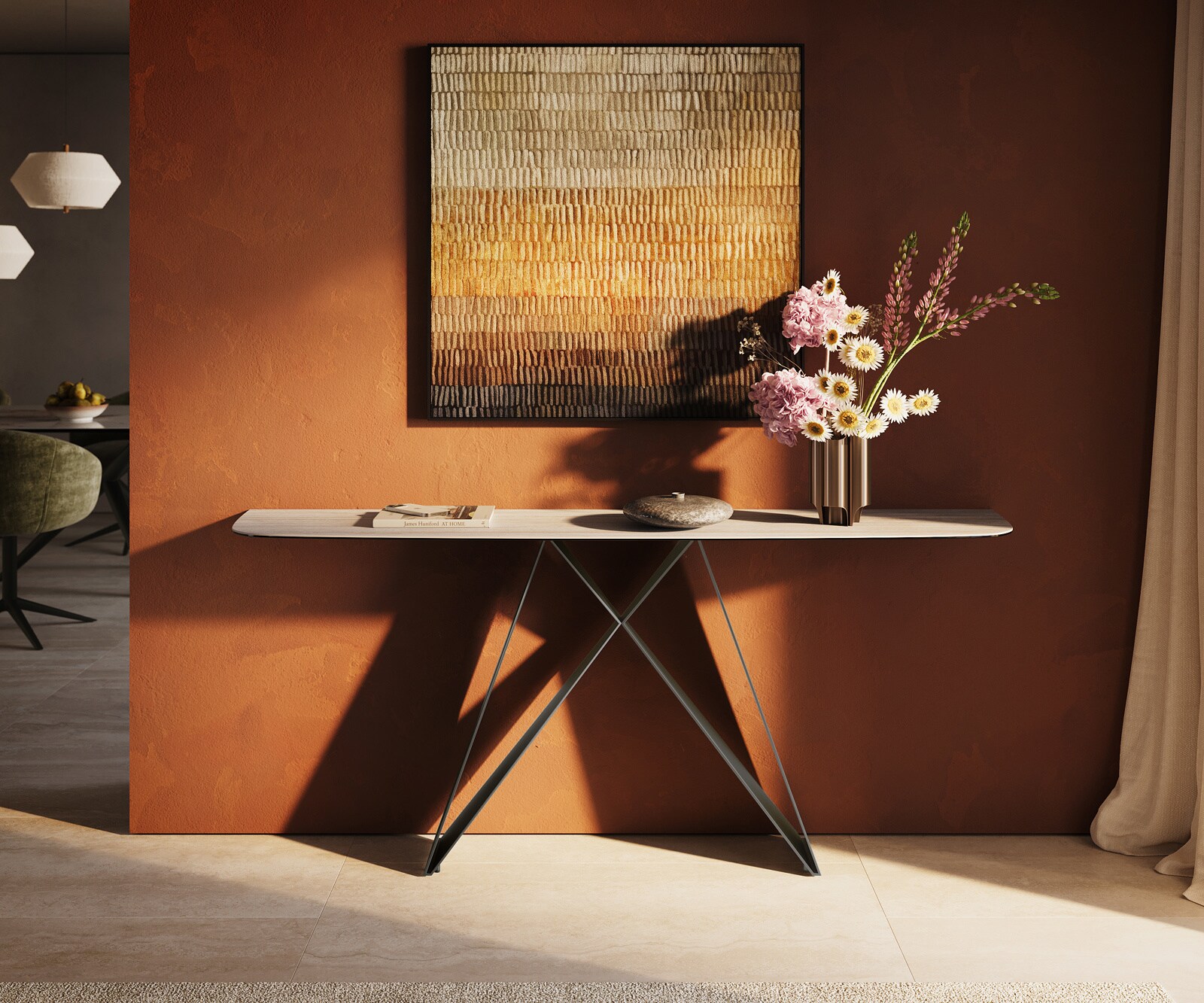 Console Edge forme bateau 180x40 cm Céramique Laminam® Travertino Bianco Creme-Weiß Velio Métal Effektfinish Titan