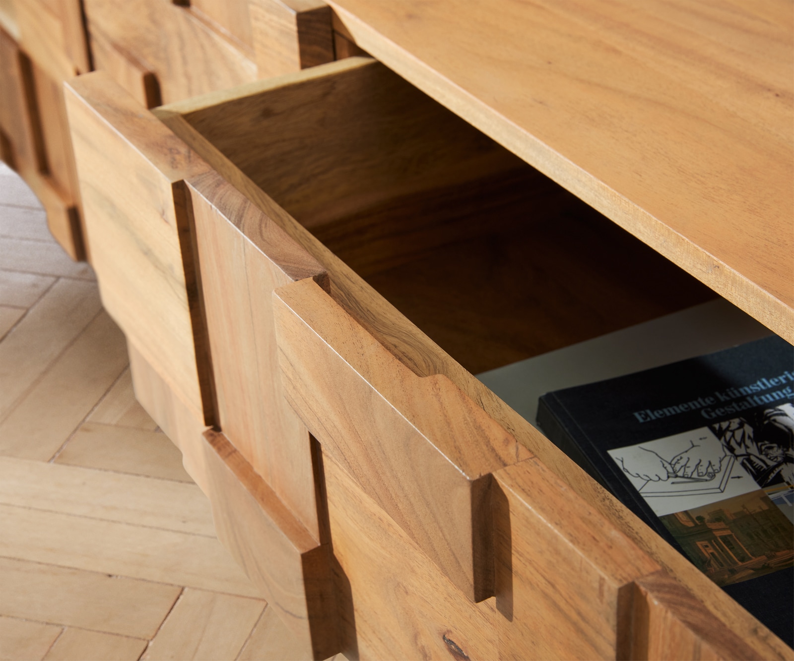 Lowboard Puzzle 260 cm 4 Türen 2 Schubfachächer Akazie Natur Fuß schwebend Metall schwarz 4 Lowboard Puzzle 260 cm 4 Türen 2 Schubfachächer Akazie Natur Fuß schwebend Metall schwarz 4