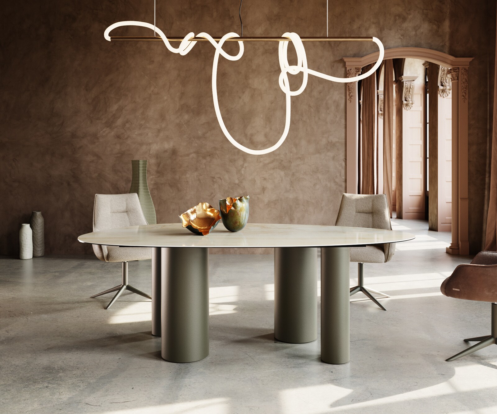 Table à manger Edge Ovale 220x120 Céramique Iris FMG Onice Oro Pilier Métal finition à effet Titane 1