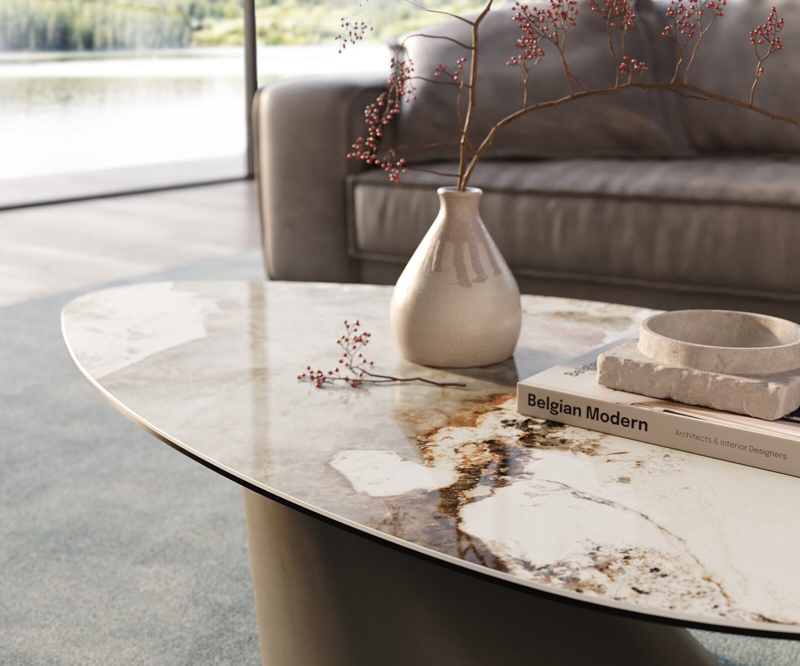 Table basse Edge Organique 140x76 cm céramique Minas Melange Conis Metall finition effet titane 6