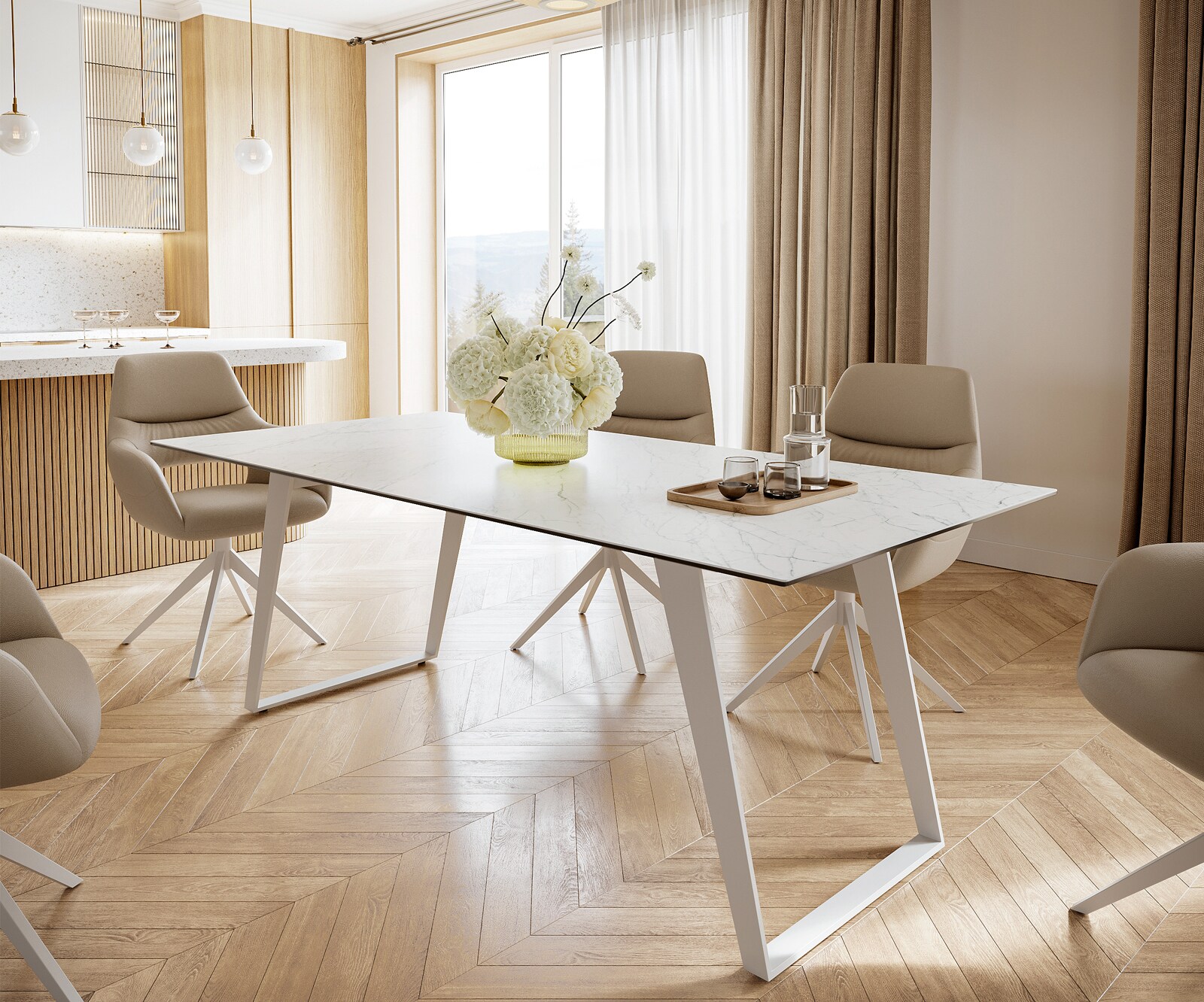 Esstisch Edge 200x100 cm Keramik Laminam® Statuarietto Weiß Metall Schräg Weiß