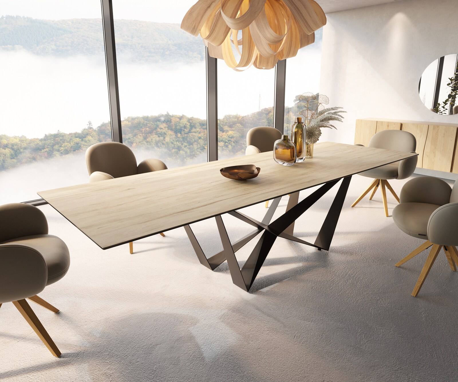 Esstisch Edge 300x100 Keramik Laminam® Sabbia Eichefarbig Spider Flachstahl Schwarz 1