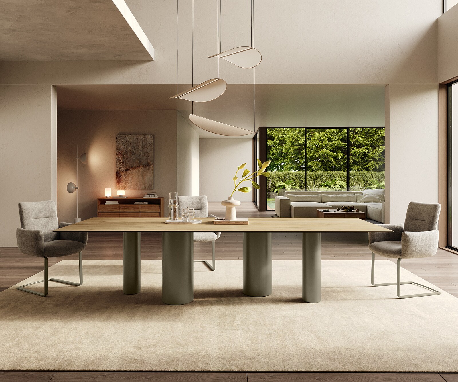 Esstisch Edge 300x100 Keramik Laminam® Sabbia Eichefarbig Pilier Metall Effektfinish Titan 1