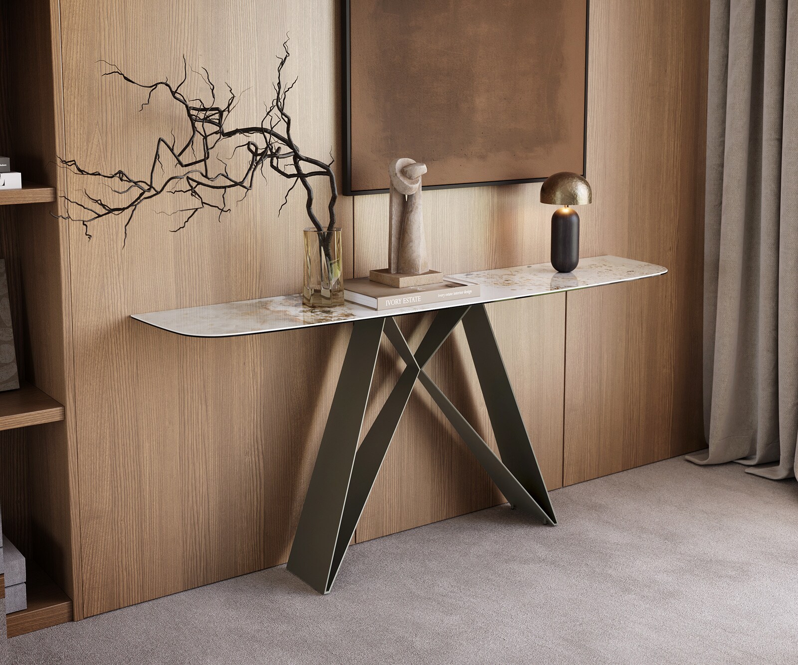 Konsolentisch Edge Boot 180x40 cm Keramik Minas Melange Weiß-Beige Velio Metall Effektfinish Titan 4