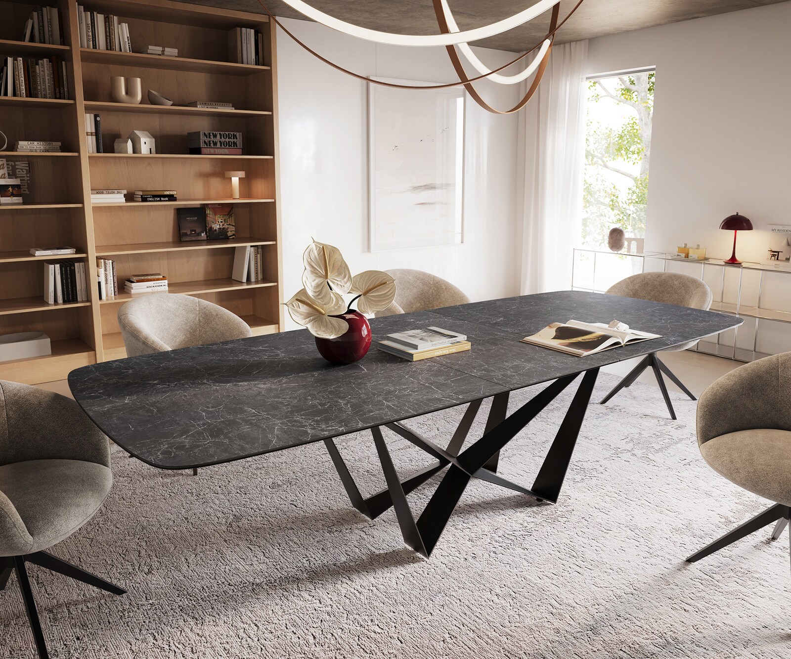 Esstisch Edge Boot 240-300x120 cm Keramik Laminam® Nero Greco Anthrazit Spider Flachstahl Schwarz ausziehbar