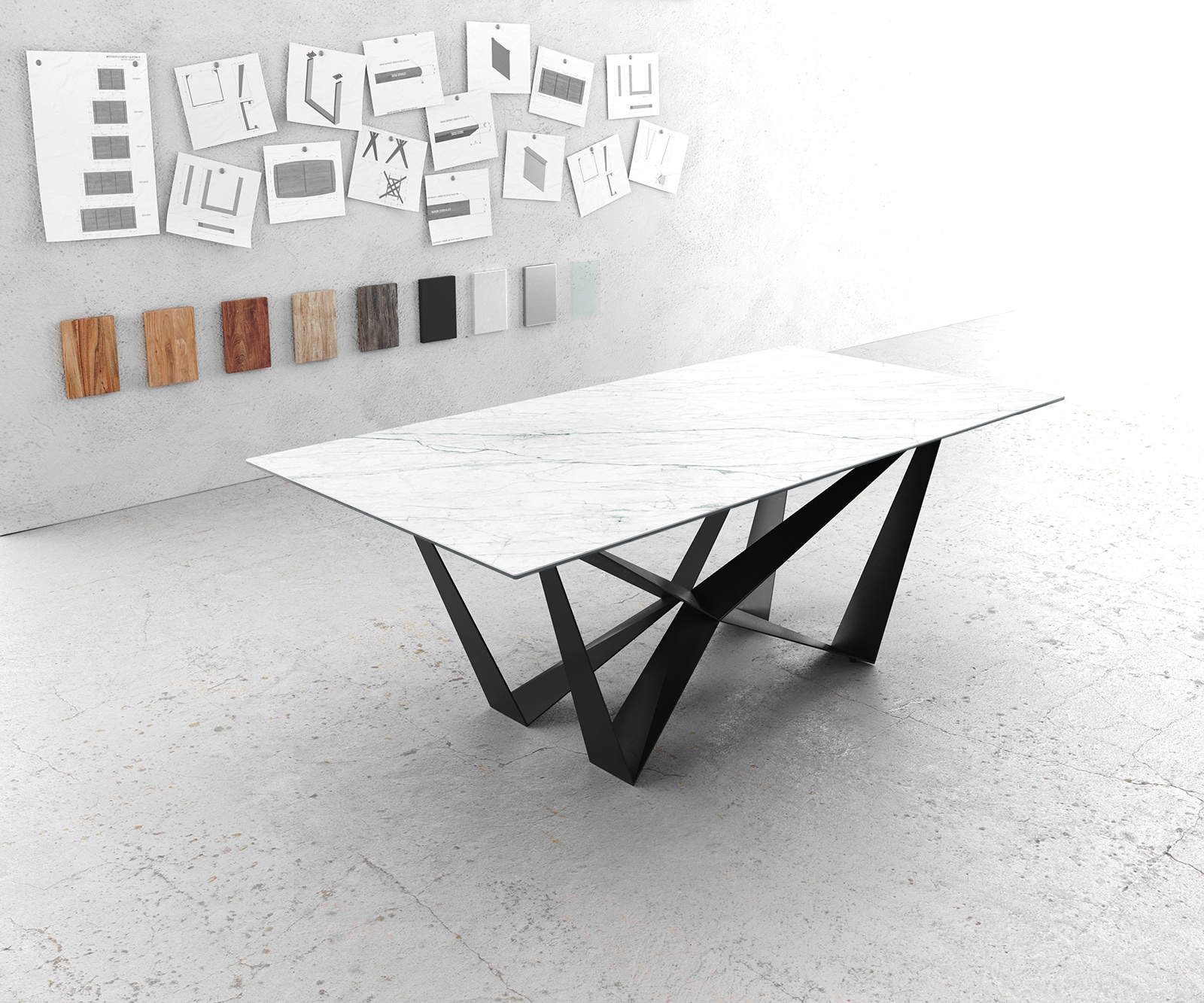 Table-à-manger Edge 200x100cm Laminam® céramique blanc pieds milieu acier plat noir Table-à-manger Edge 200x100cm Laminam® céramique blanc pieds milieu acier plat noir