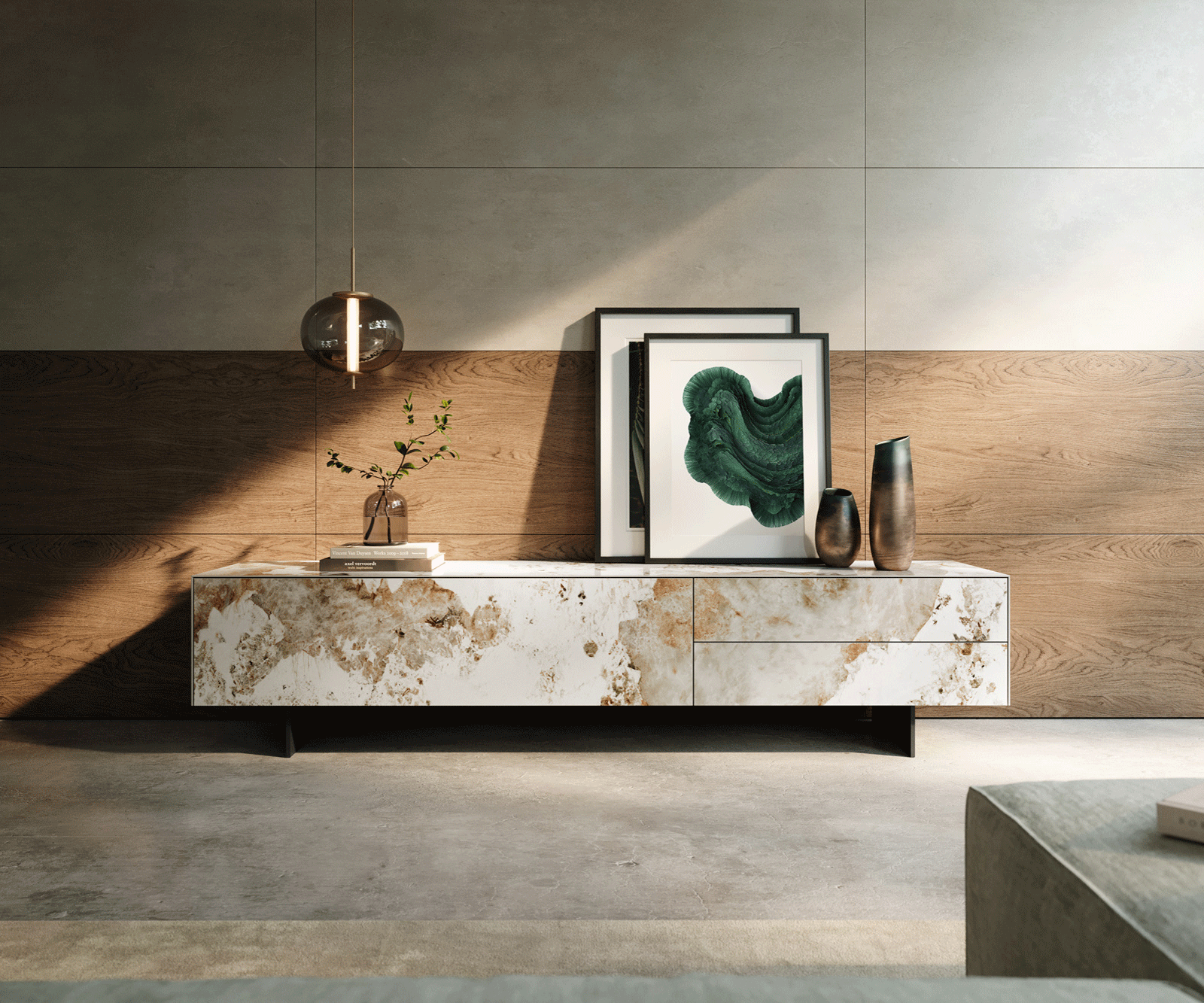 Meuble-TV Cuor 220 cm Céramique Minas Melange Blanc-beige 1 Clapet 2 Tiroirs Pied optique flottant Métal Noir 2