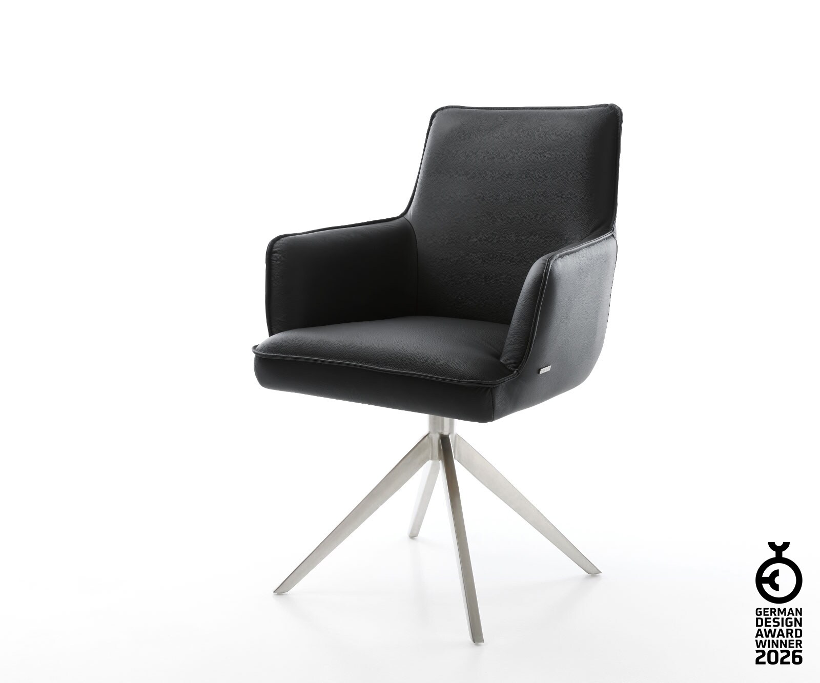 Chaise-pivotante Heira-Flex cuir de vache noir pied croisé large acier inoxydable brossé pivotement sur 360° fonction bascule ressorts ensachés