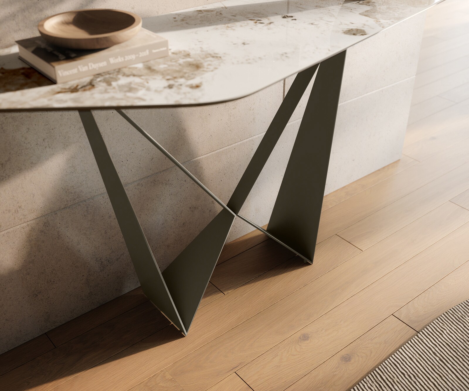 Konsolentisch Edge Polygonal 140x50 cm Keramik Minas Melange Weiß-Beige Spios Metall Effektfinish Titan 6