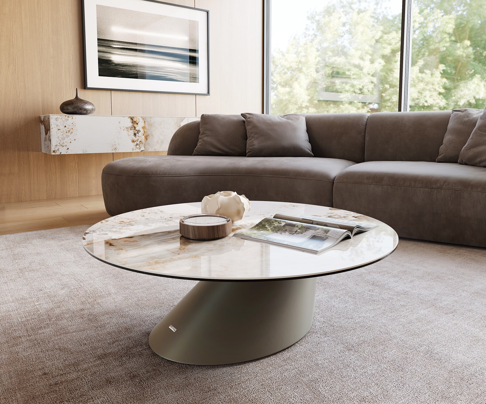 Couchtisch Edge Rund 100x100 cm Keramik Minas Melange Conis Metall Effektfinish Titan 1