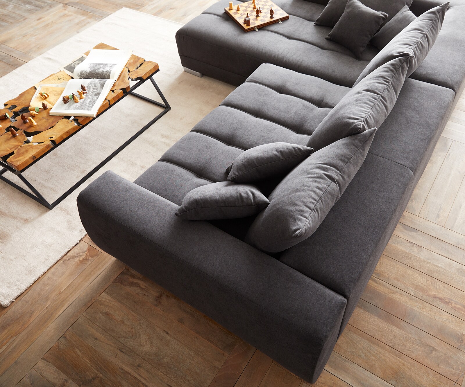 Canapé-panoramique Nabor 300x230 cm microfibre noir pouf à gauche incl. fonction d'extension électrique 5