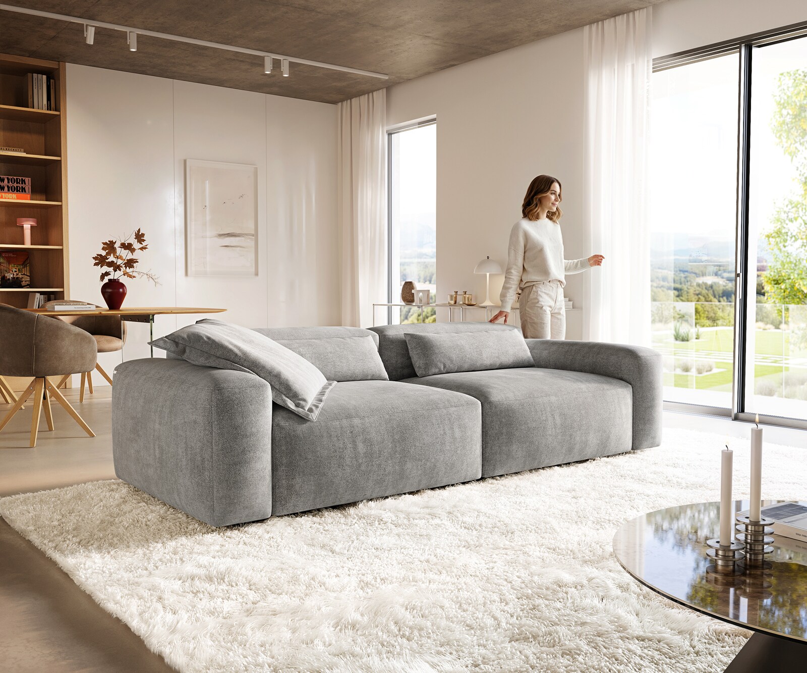 Bigsofa Freestyle 280x110 cm Tissu structuré doux Gris couture plate 1