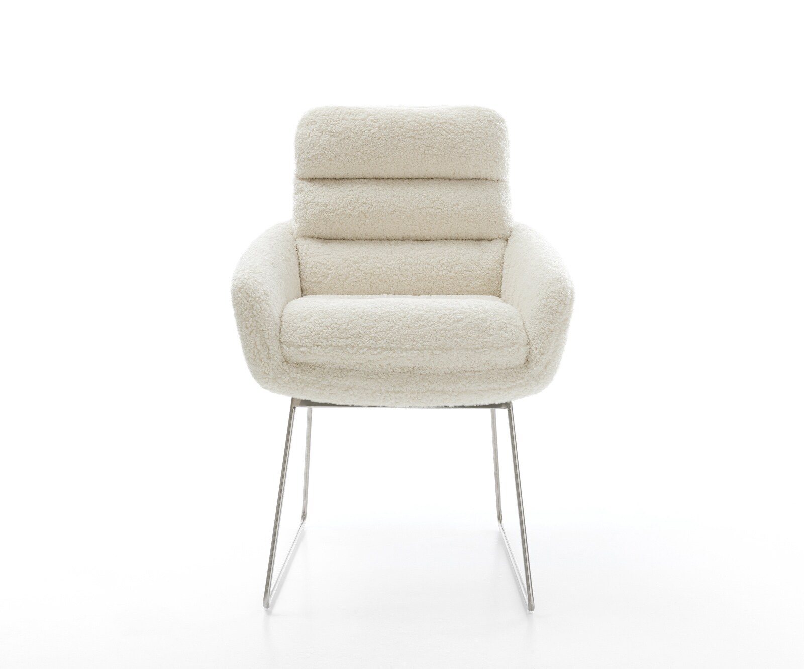 Chaise-de-salle-à-manger Abelia-Flex avec accoudoirs tissu teddy beige pied trapèze acier inoxydable 1