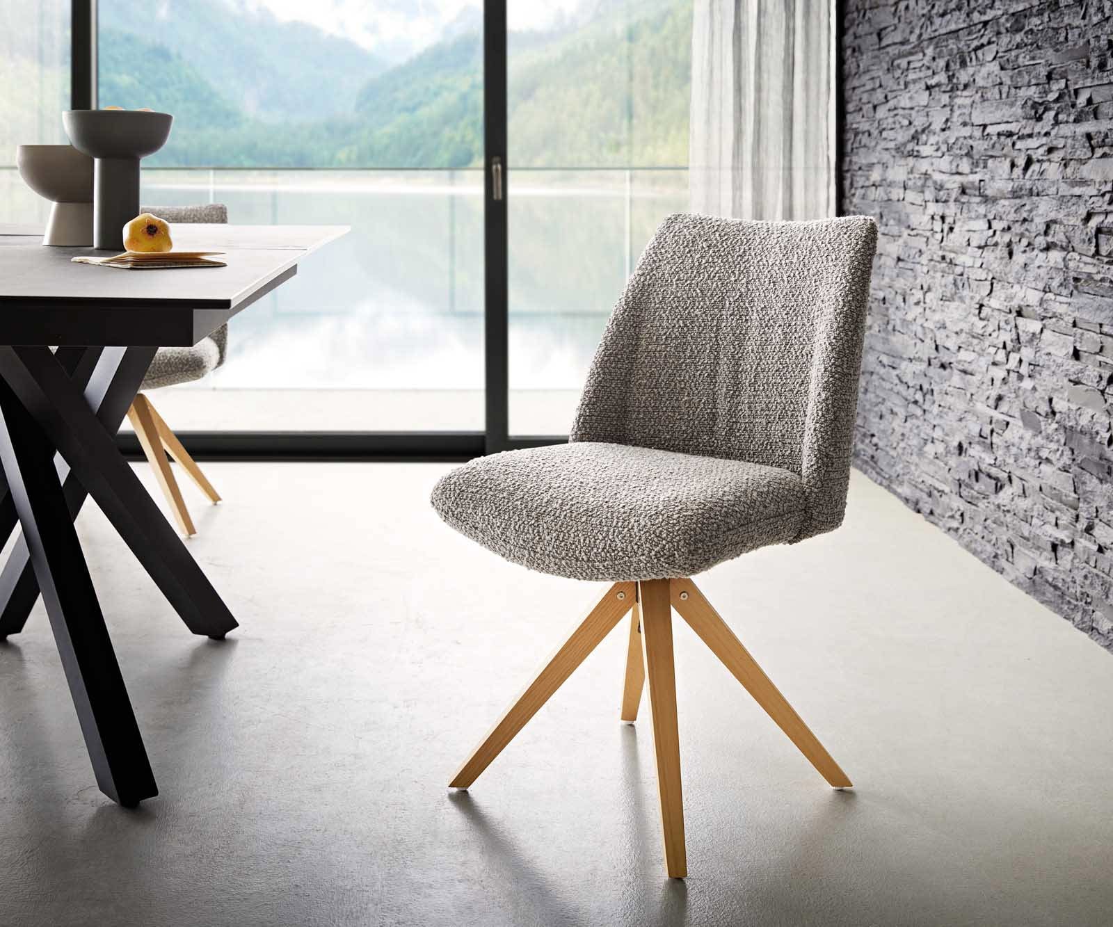 Drehstuhl Elso-Flex Bouclé Silbergrau Holzgestell kantig Natur 180° drehbar Taschenfederkern Drehstuhl Elso-Flex Bouclé Silbergrau Holzgestell kantig Natur 180° drehbar Taschenfederkern