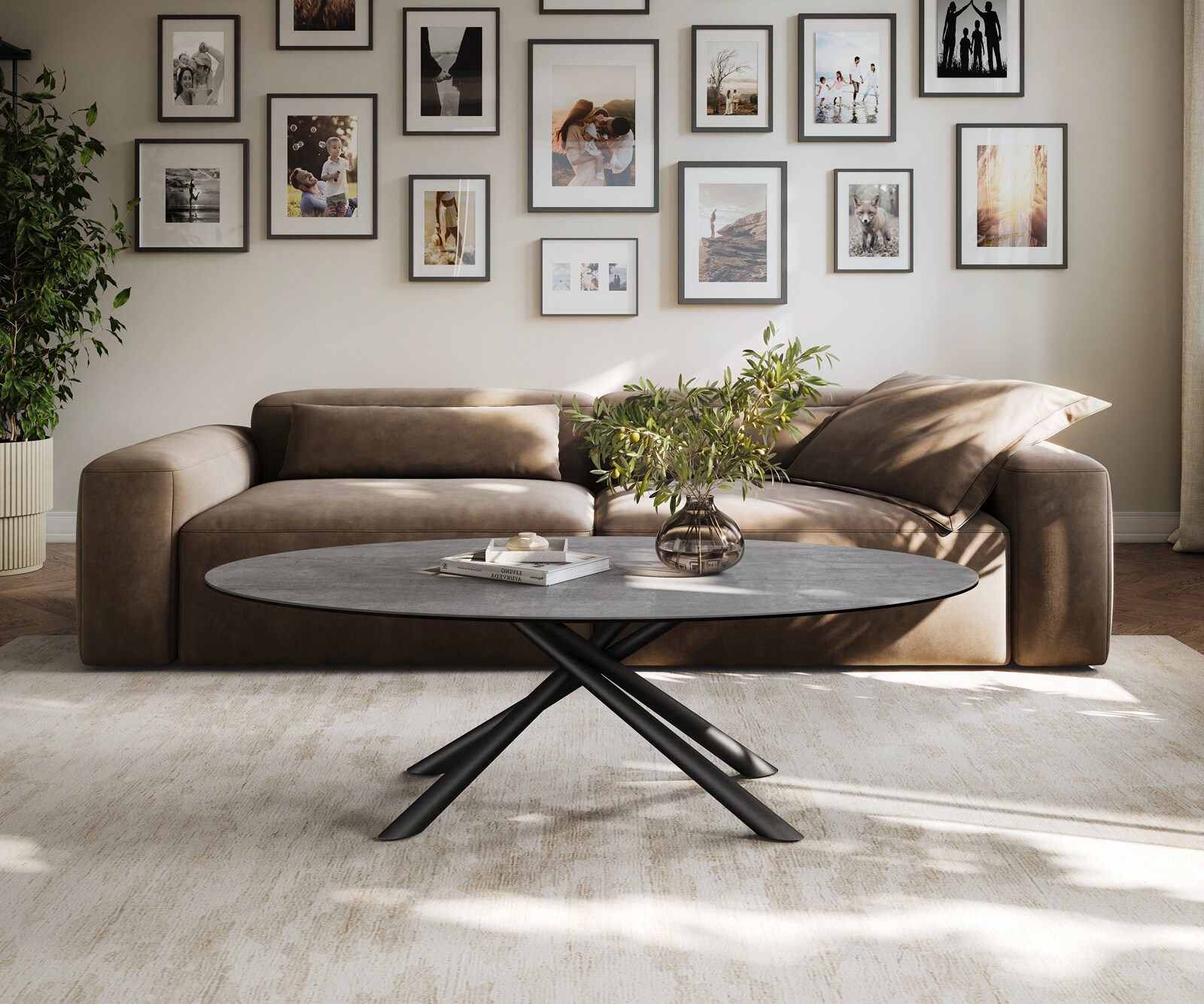 Table basse Edge ovale 140x80 cm céramique béton gris Sarity métal noir 1
