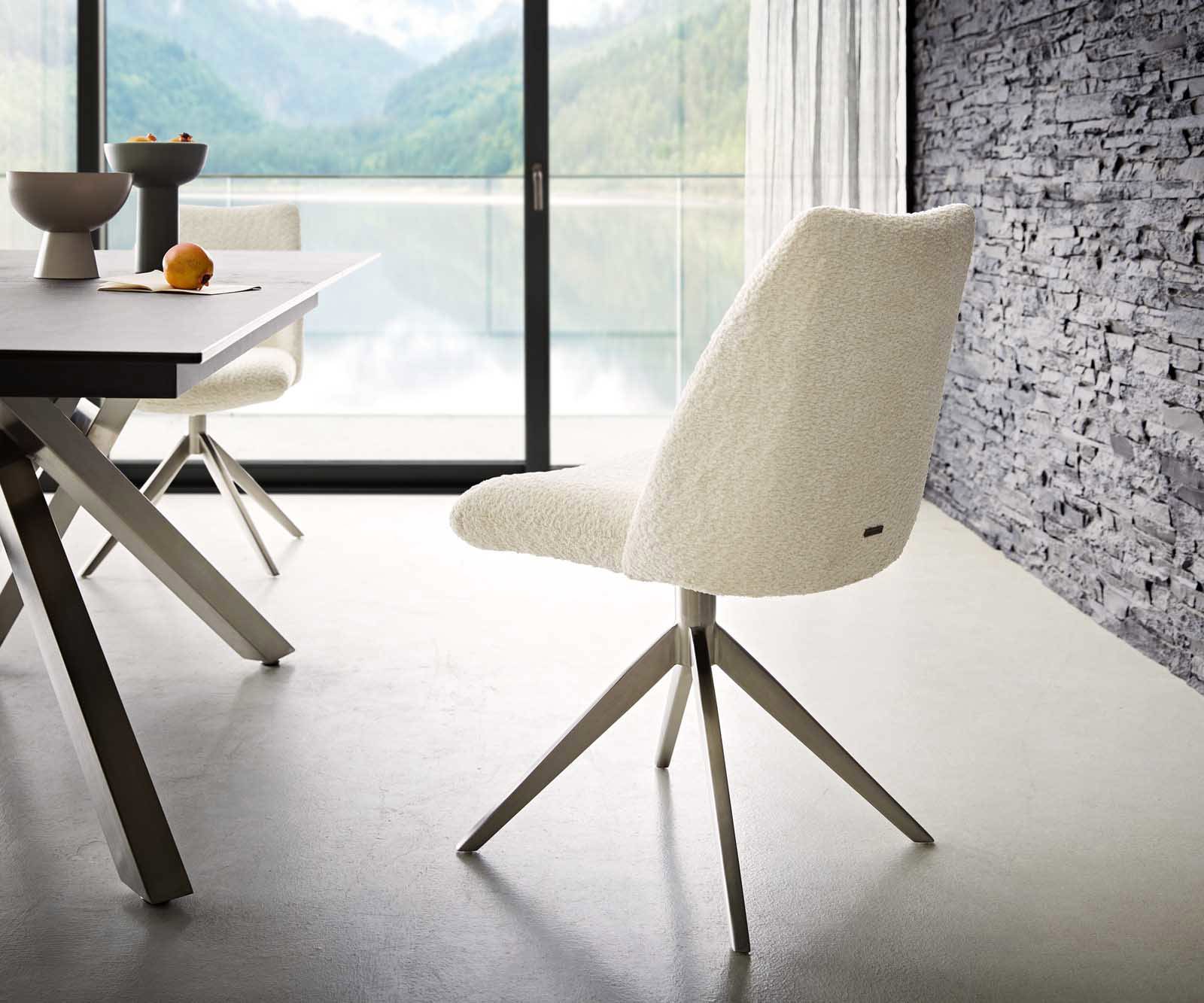 Drehstuhl Elso-Flex Bouclé Weiß Kreuzgestell breit Edelstahl 360° drehbar Taschenfederkern 4