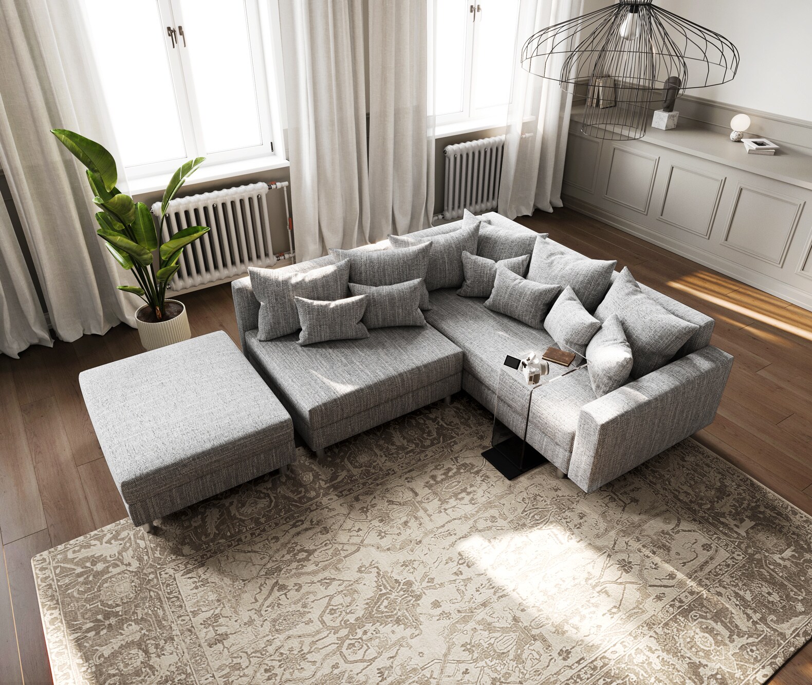 Canapé d'angle Clovis tissu structuré gris clair tabouret accoudoir pouf à droite canapé modulaire 4