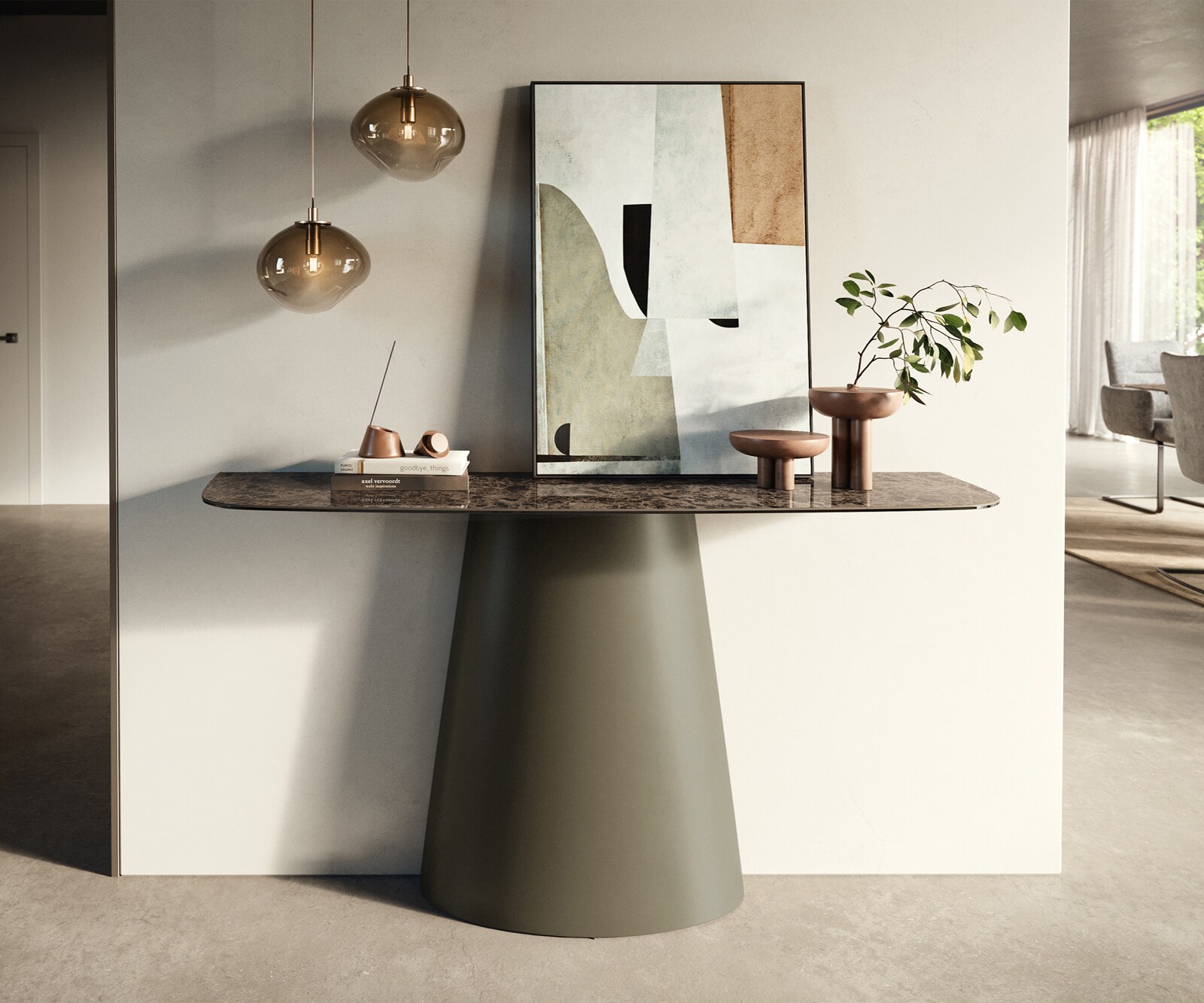 Console Edge forme bateau 140x40 cm Céramique Emperador Extra Lucidato Dunkelbraun Conos Métal Effektfinish Titan 1
