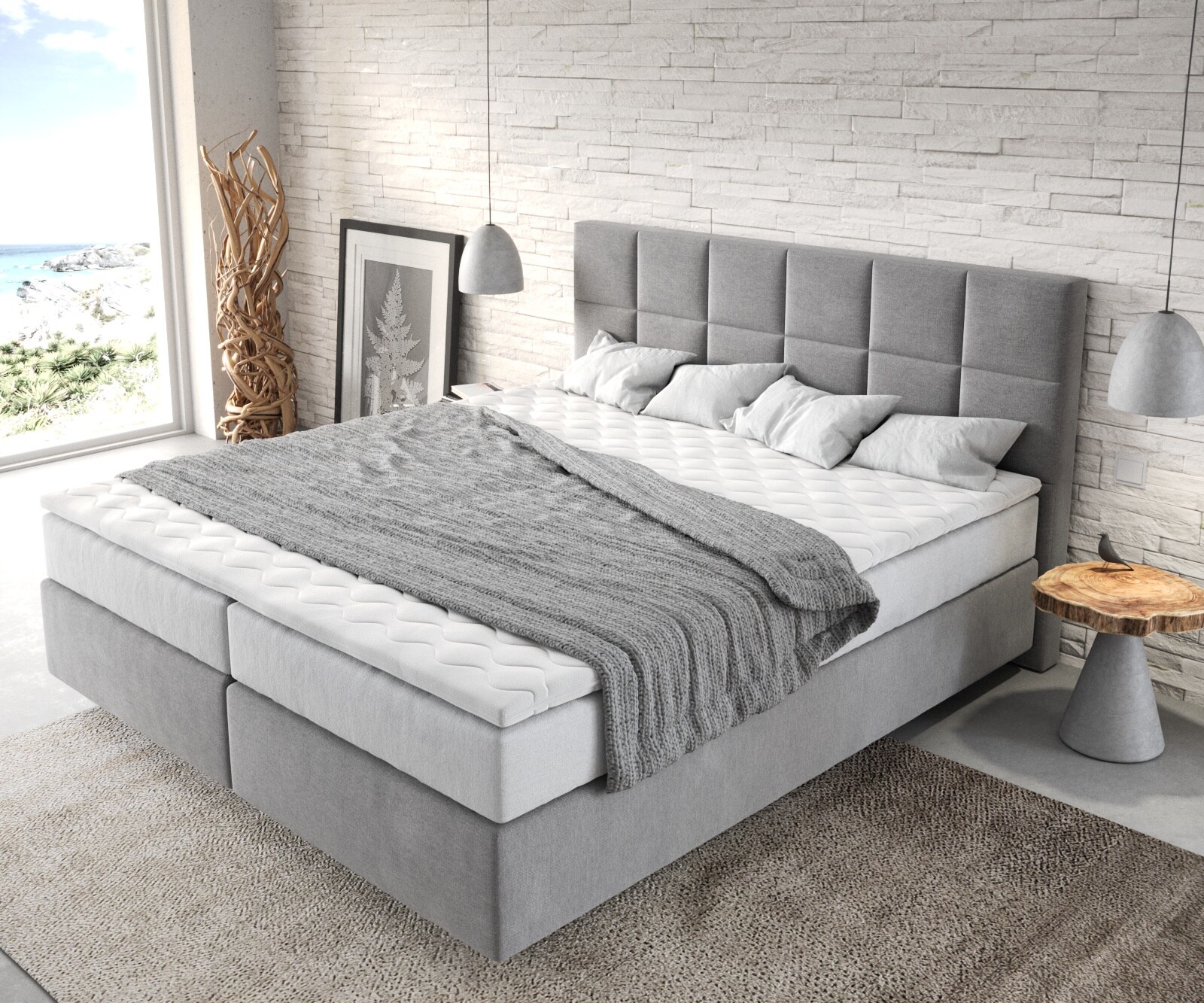 Boxspringbett Dream-Fine 180x200 cm Mikrofaser Grau mit TFK Matratze und Visco Topper 3