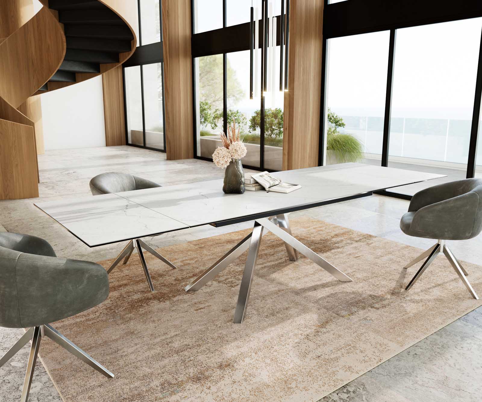 Esstisch Edge 200-300x100 Keramik Laminam®Statuarietto Weiß Kreuzgestell Rechteck Edelstahl ausziehbar 8