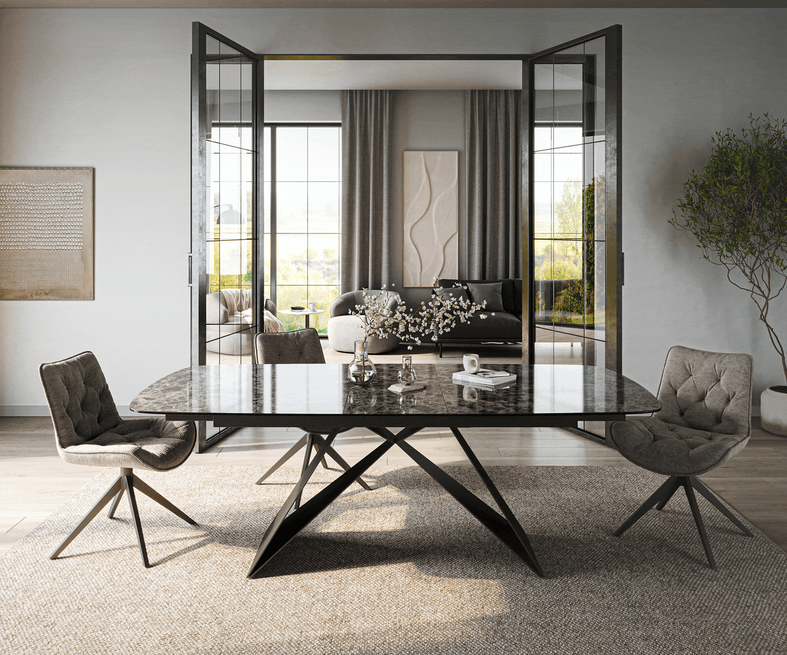 Esstisch Edge Boot 180-220x100 cm Keramik Emperador Extra Lucidato Dunkelbraun V-Gestell Flachstahl Schwarz ausziehbar 1