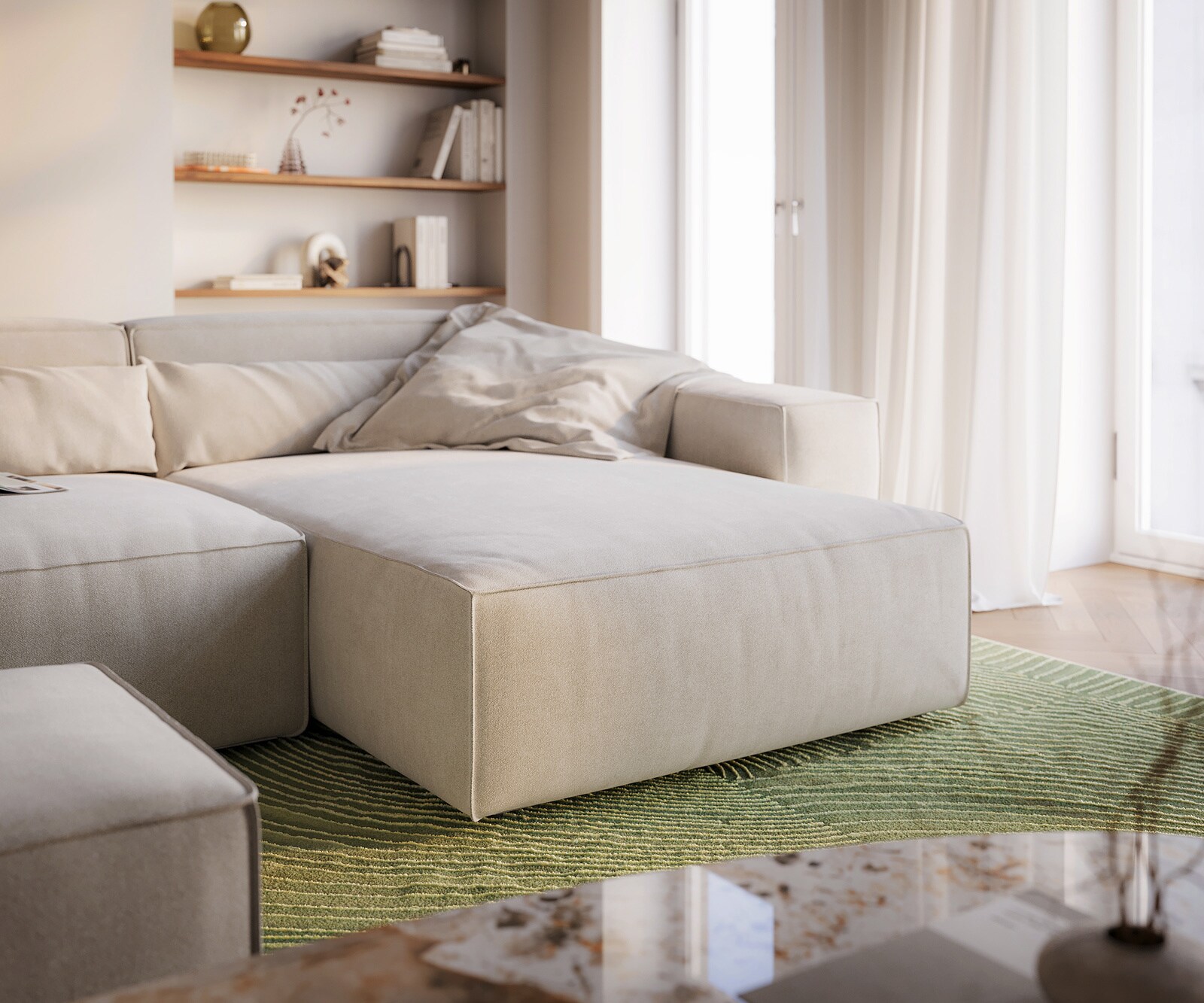Canapé d'angle Sirpio XL 270x170 cm Tissu texturé doux Beige Méridienne modulable avec pouf 4