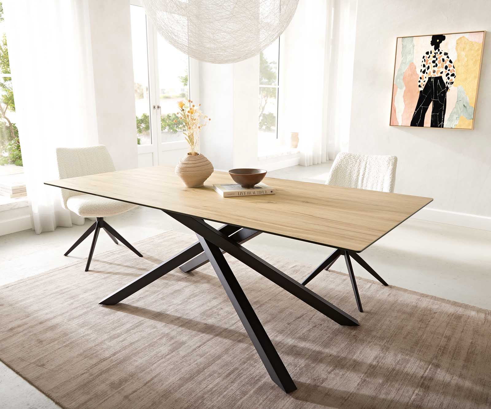Esstisch Edge 200x100 Keramik Laminam® Sabbia Eichefarbig Kreuzgestell Rechteck Schwarz 1