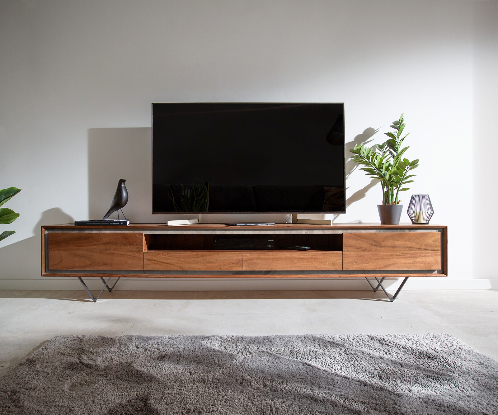 Meuble-TV Stonegrace 240 cm acacia marron 2 portes 2 tiroirs 1 compartiment placage pierre pied en V noir 1